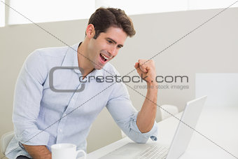 Cheerful man using laptop at home