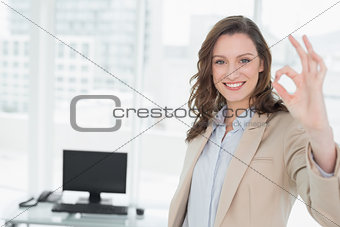 Elegant smiling businesswoman gesturing okay sign in office
