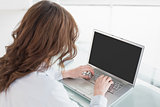 Rear view of a brown haired businesswoman using laptop