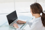 Brown haired businesswoman using laptop in office