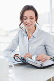 Businesswoman with laptop and diary in office