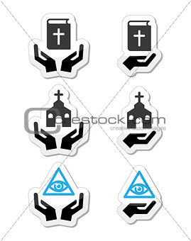 Religion icons - hands with bible, church, eye of god