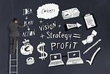 Rear view of businessman pointing at business plan black white