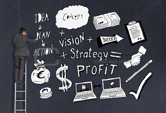 Rear view of businessman pointing at business plan black white