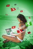 Brunette woman in bikini gambling online in green light