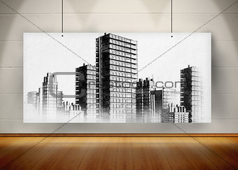 Picture of black and white city painted on screen