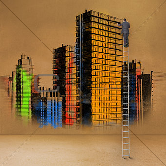 Rear view of businessman standing on ladder touching painted city