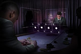 People gambling on table in purple light with holographic card display