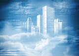 Digitally generated hologram of city in clouds