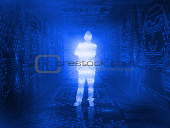 Glowing silhouette of businessman in circuit board