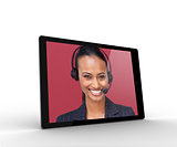 Digital tablet displaying smiling businesswoman