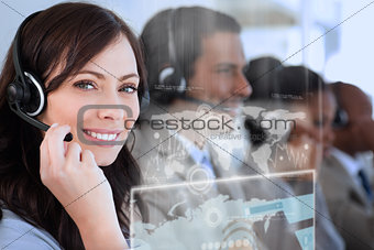 Smiling businesswoman using futuristic interface hologram