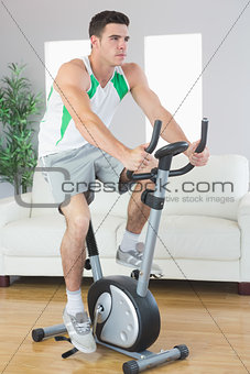 Determined handsome man training on exercise bike