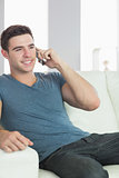 Smiling handsome man relaxing on couch phoning