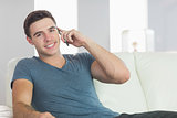 Portrait of cheerful handsome man relaxing on couch phoning