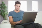 Content handsome man relaxing on couch using laptop