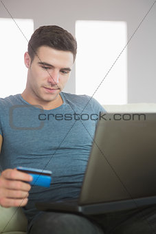 Content handsome man relaxing on couch using laptop shopping online