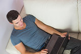 Overhead view of attractive man relaxing on couch using laptop