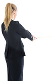 Blonde ponytailed business woman pulling a rope