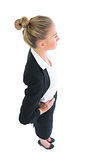High angle profile view of attractive businesswoman posing