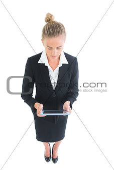 High angle font view of cute woman working with her tablet