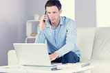 Handsome casual man using laptop and phoning