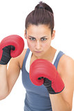 Stern sporty brunette wearing red boxing gloves