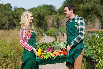 Young couple carrying vegetables