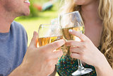 Smiling couple toasting with white wine
