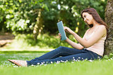 Happy woman leaning against a tree working with her tablet