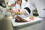 Close up of chef putting mint leaf on chocolate cake