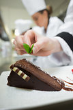 Close up of chef putting mint leaf on chocolate dessert