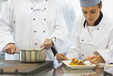 Young female chef finishing a plate