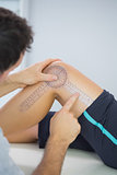 Physiotherapist examining knee with goniometer
