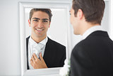 Cheerful young bridegroom standing in front of a mirror