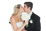 Young couple holding a white bouquet