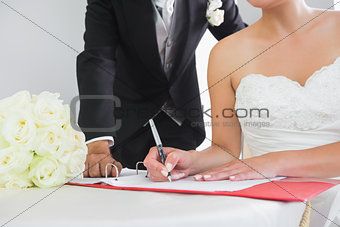 Mid section of a young couple signing wedding contract