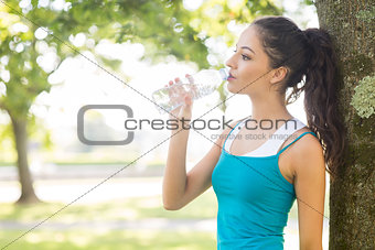 Active peaceful brunette drinking from a water bottle