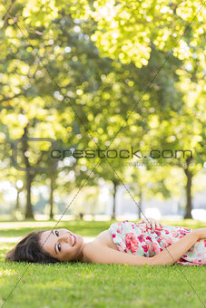 Stylish gorgeous brunette lying on a lawn