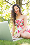 Stylish smiling brunette sitting on a lawn using laptop