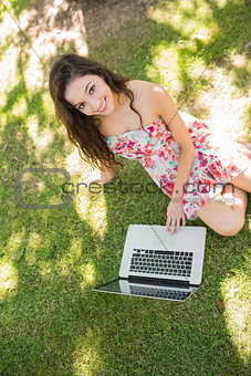 Stylish gorgeous brunette sitting on the grass using laptop