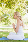 Side view of beautiful calm woman meditating sitting on an exercise mat