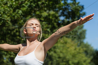 Serious peaceful woman doing yoga in a park