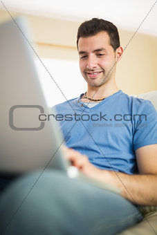 Casual handsome man sitting on couch using looking at laptop