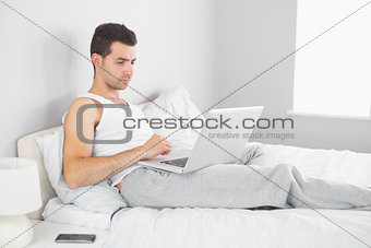 Handsome calm man using laptop in his bed
