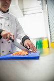 Chef cutting raw salmon with sharp knife