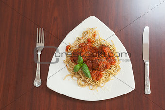 Overhead view of spaghetti and meatballs