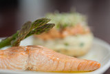 Close up of salmon dish with asparagus