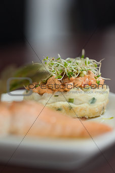 Close up of salmon dish with cress