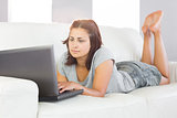 Serious young woman using her notebook while lying on her couch